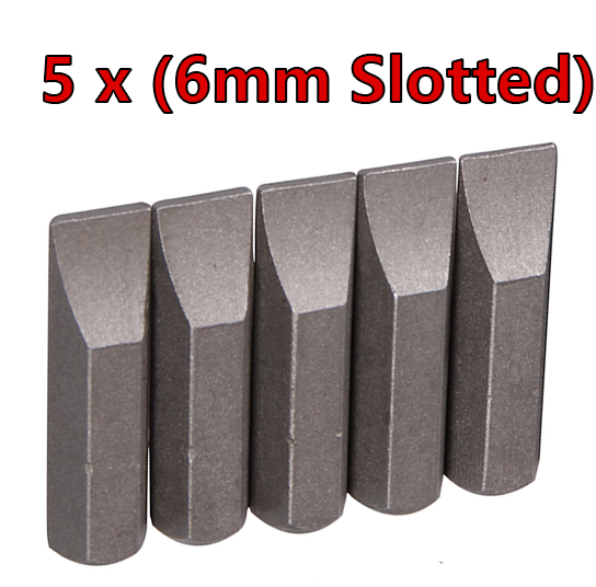 6mm Slotted Bits - (5x) Chrome vanadium steel - Length 25mm - 1/4" hex drive