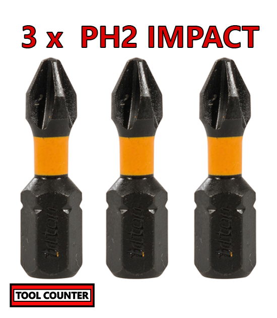 PH2 Impact Bits - (3x) Premium S2 steel - Length 25mm - 1/4" hex drive
