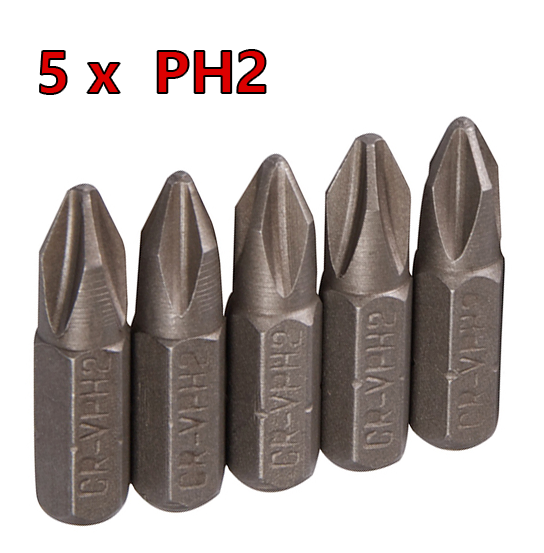 PH2 Bits - (5x) Chrome vanadium steel - Length 25mm - 1/4" hex drive