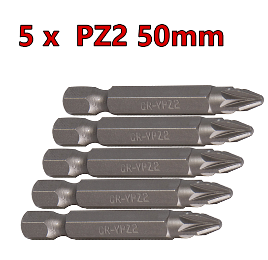 PZ2 Bits - (5x) Chrome vanadium steel - Length 50mm - 1/4" hex drive