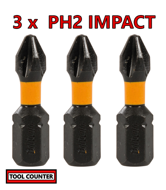 PH2 Impact Bits -  (3x)  Premium S2 steel -  Length 25mm - 1/4" hex drive