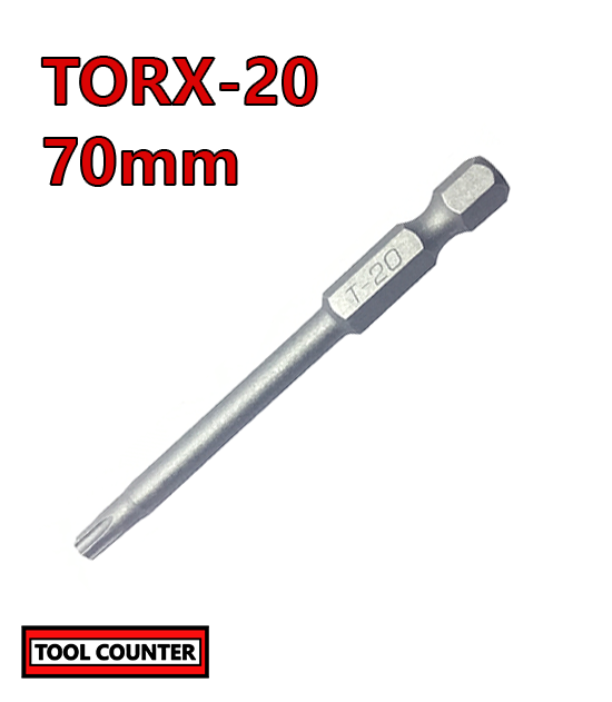 T20 Bit - Long Torx Bit - Chrome vanadium steel - Length70mm - 1/4" hex drive