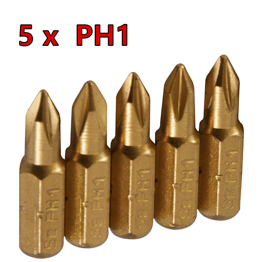 PH1 Bits  - (5x)   Titanium-coated S2 steel. -  Length 25mm - 1/4" hex drive