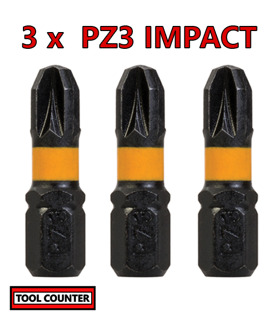 PZ3 Impact Bits -  (3x)  Premium S2 steel -  Length 25mm - 1/4" hex drive
