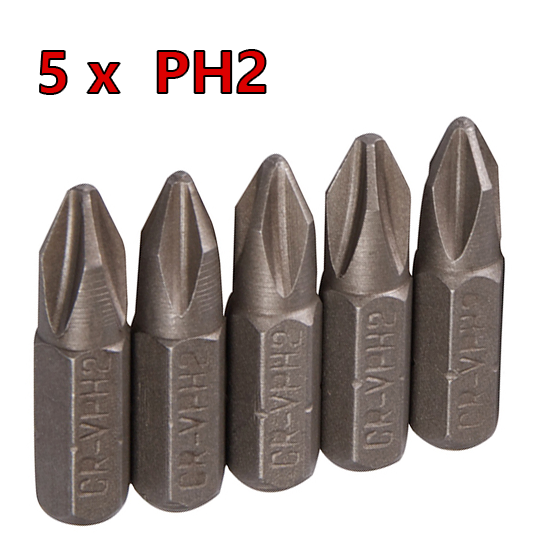 PH2 Bits  - (5x)    Chrome vanadium steel -  Length 25mm - 1/4" hex drive